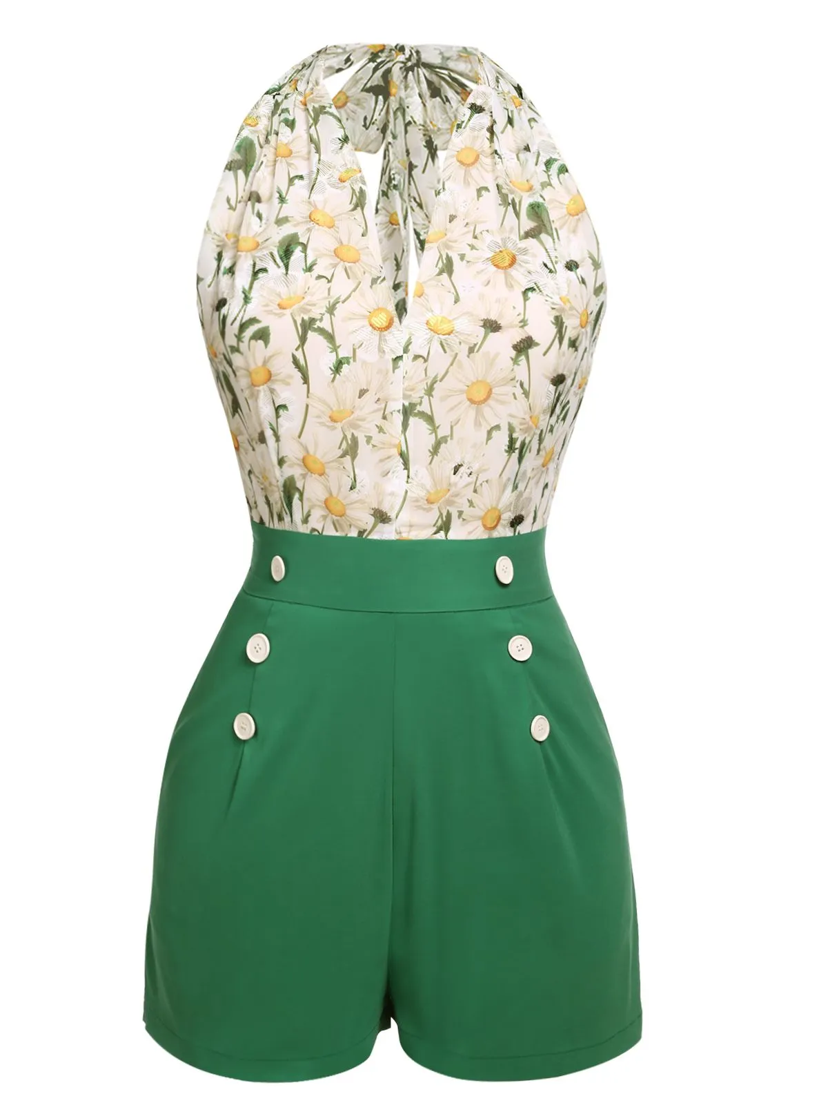 2PCS 1950s Yellow Sunflower & Green Floral Halter Romper