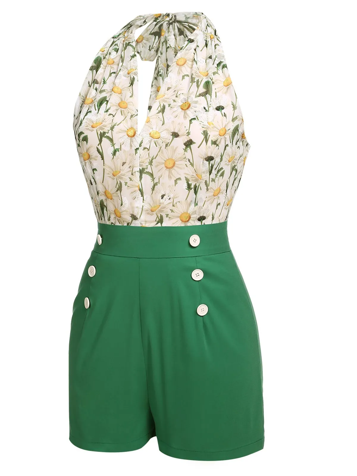 2PCS 1950s Yellow Sunflower & Green Floral Halter Romper