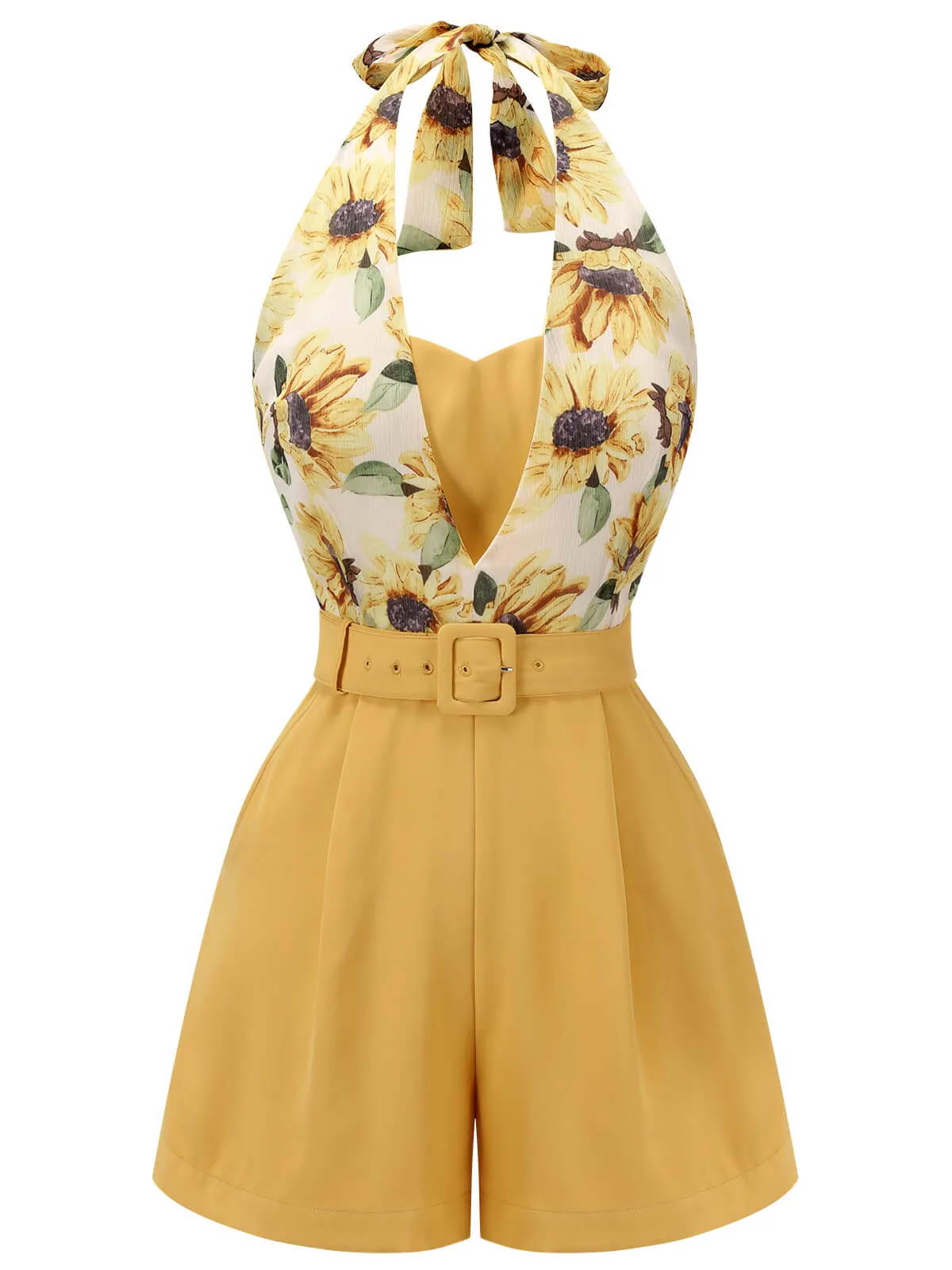 2PCS 1950s Yellow Sunflower & Green Floral Halter Romper