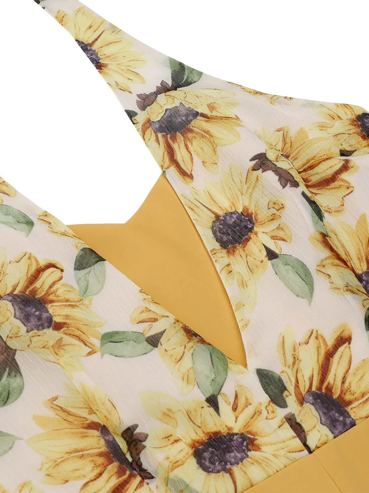 2PCS 1950s Yellow Sunflower & Green Floral Halter Romper