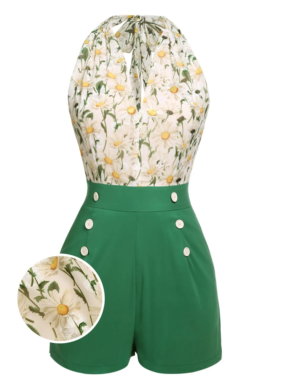 2PCS 1950s Yellow Sunflower & Green Floral Halter Romper