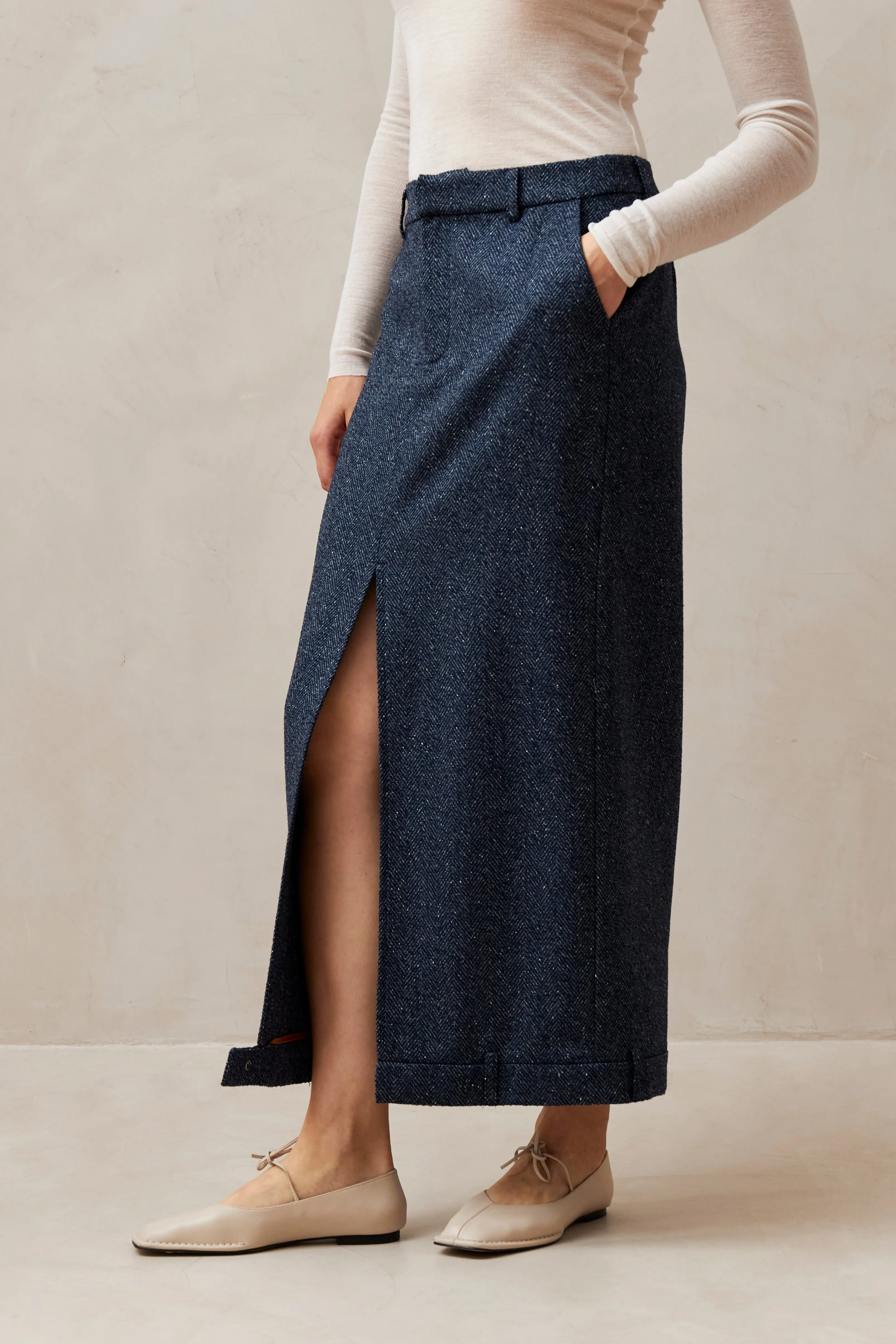 Angelina Herringbone Navy Skirt  