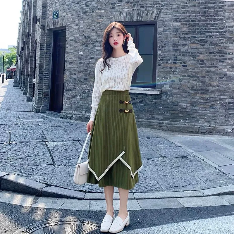 Autumn and winter striped skirt for women 2023 new style irregular high-waist slim umbrella skirt mid-length a-line hip-hugging 