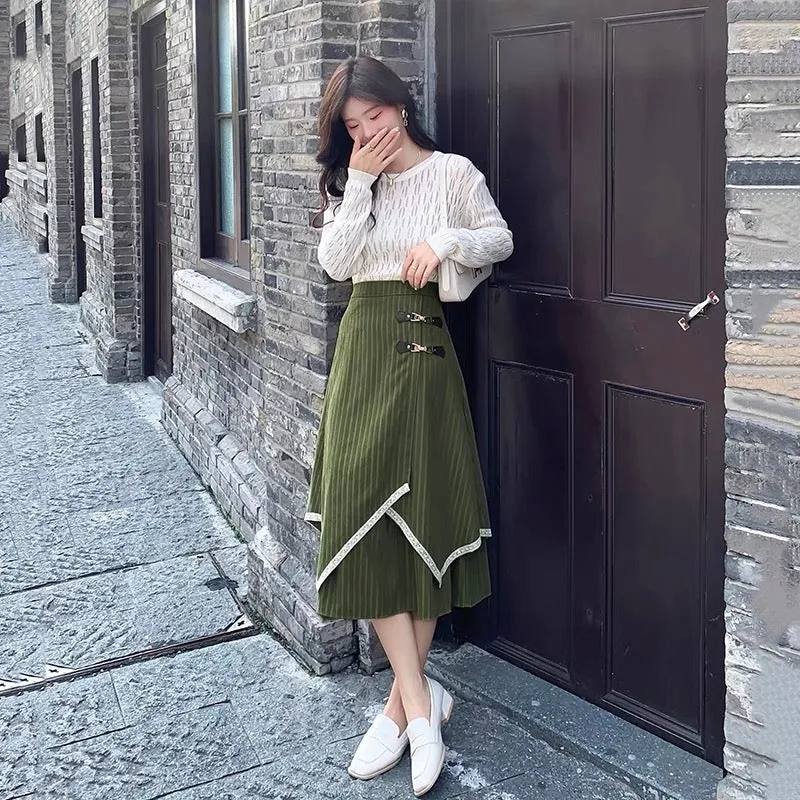 Autumn and winter striped skirt for women 2023 new style irregular high-waist slim umbrella skirt mid-length a-line hip-hugging 