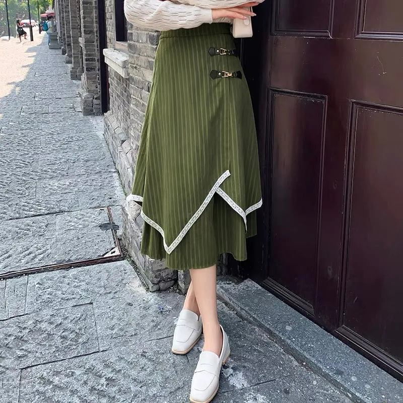 Autumn and winter striped skirt for women 2023 new style irregular high-waist slim umbrella skirt mid-length a-line hip-hugging 