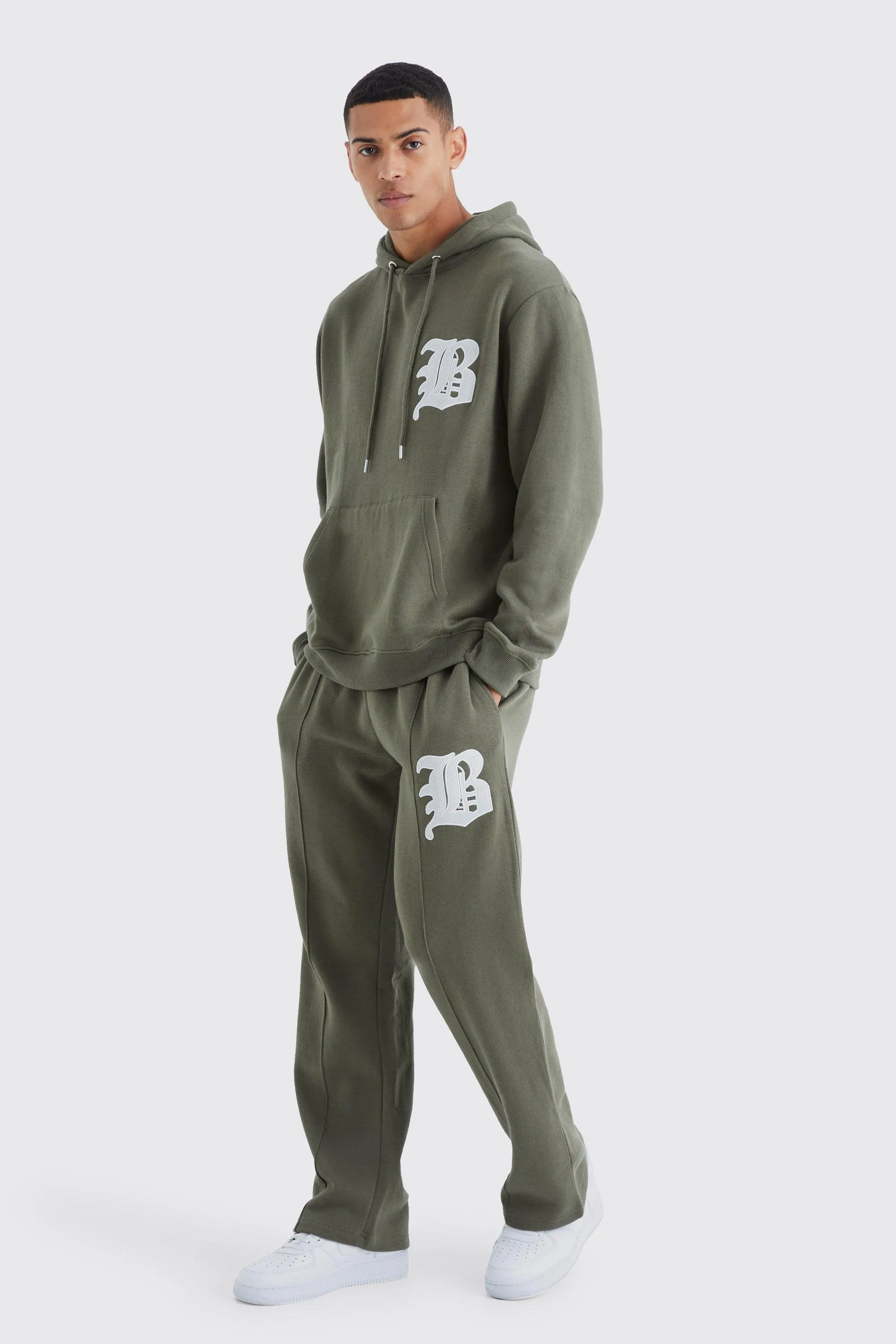 B Badge Stacked Gusset Hooded Tracksuit | boohooMAN UK