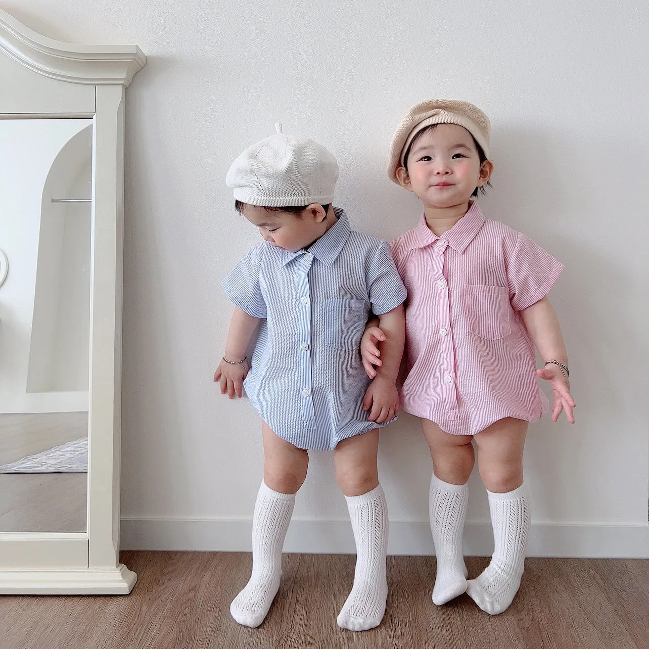 Baby Short Sleeve Stripe Shirt Romper (3-18m) - 2 Colors