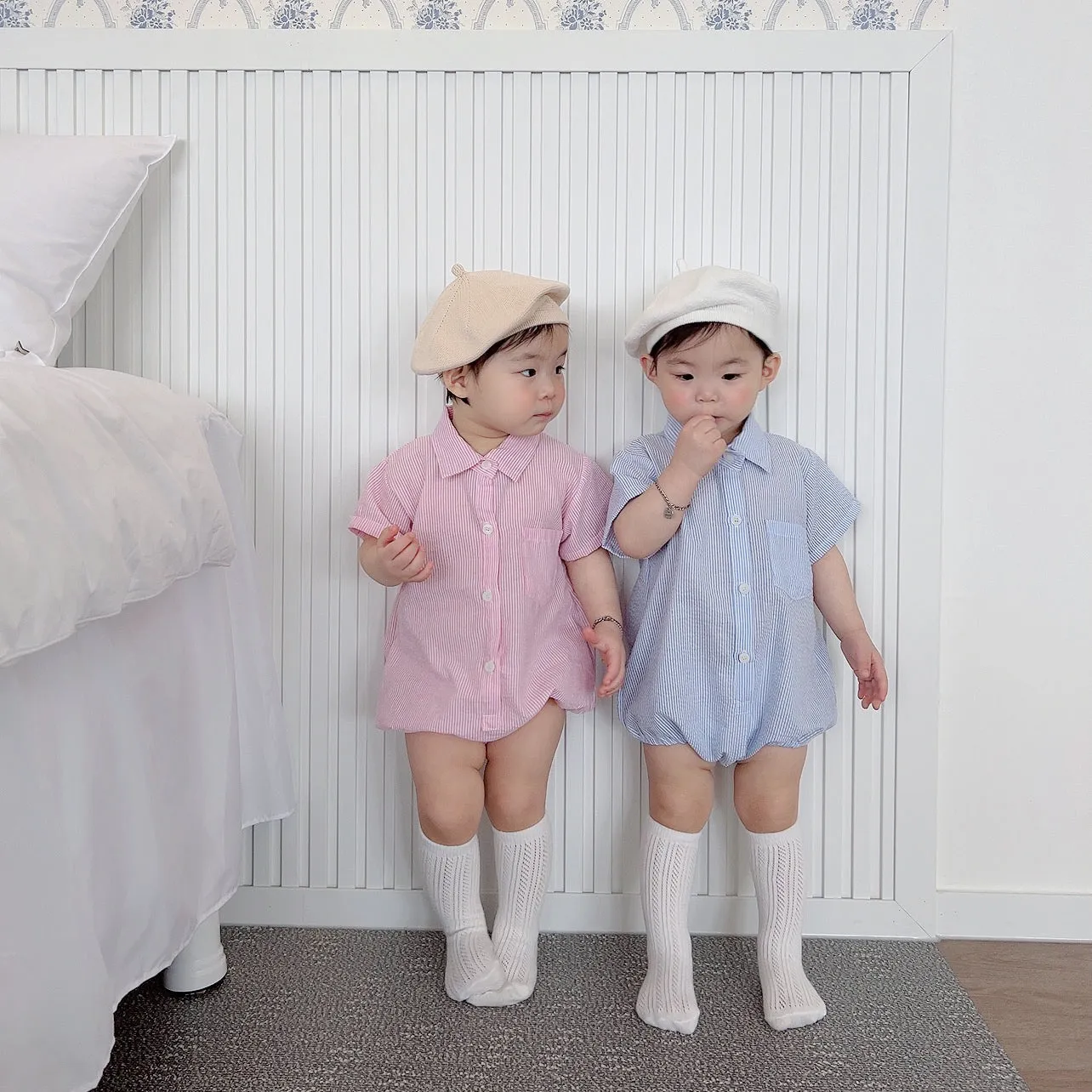 Baby Short Sleeve Stripe Shirt Romper (3-18m) - 2 Colors