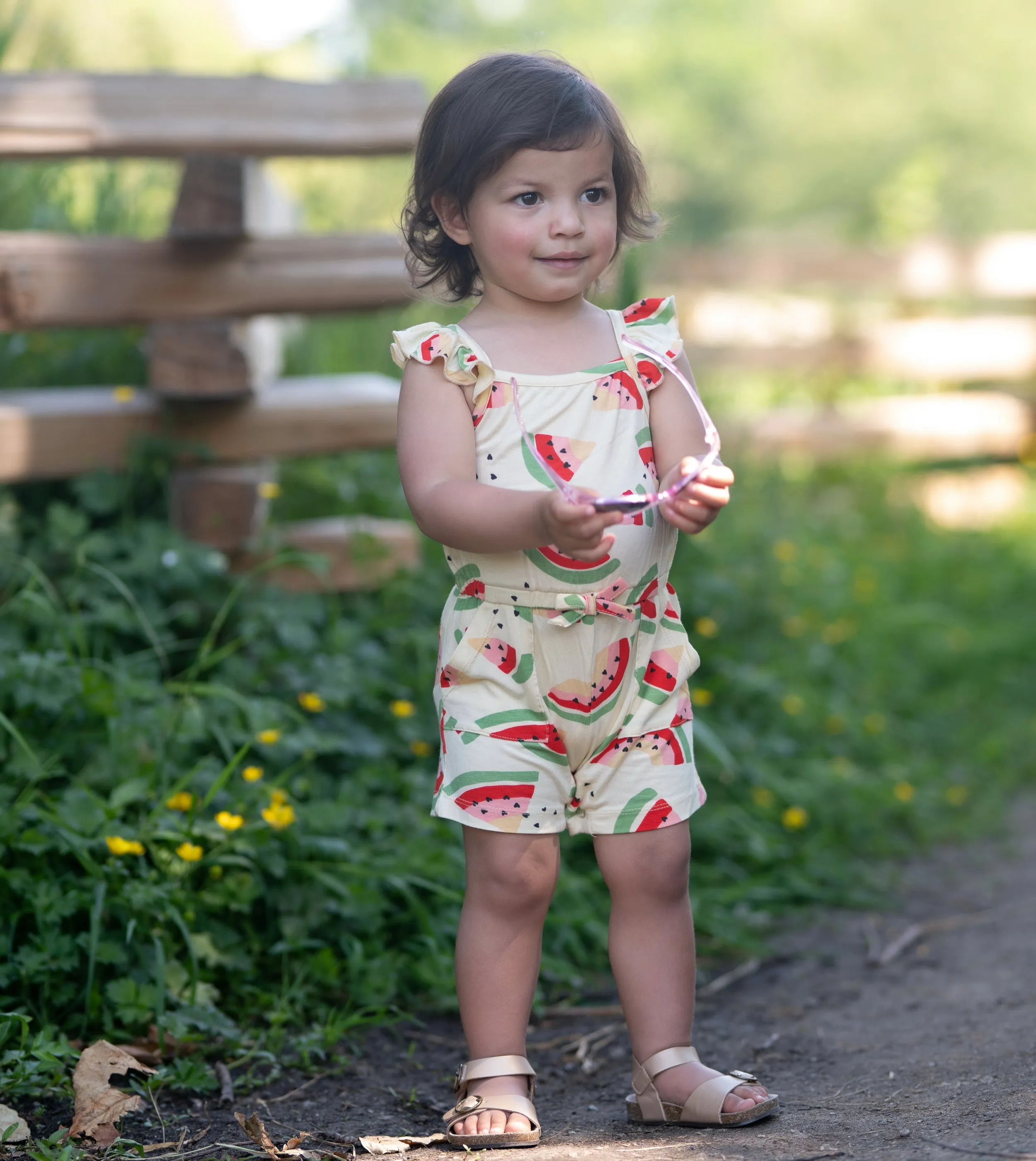 Bamboo Sleeveless Ruffle Romper (Watermelon Rainbow Print)