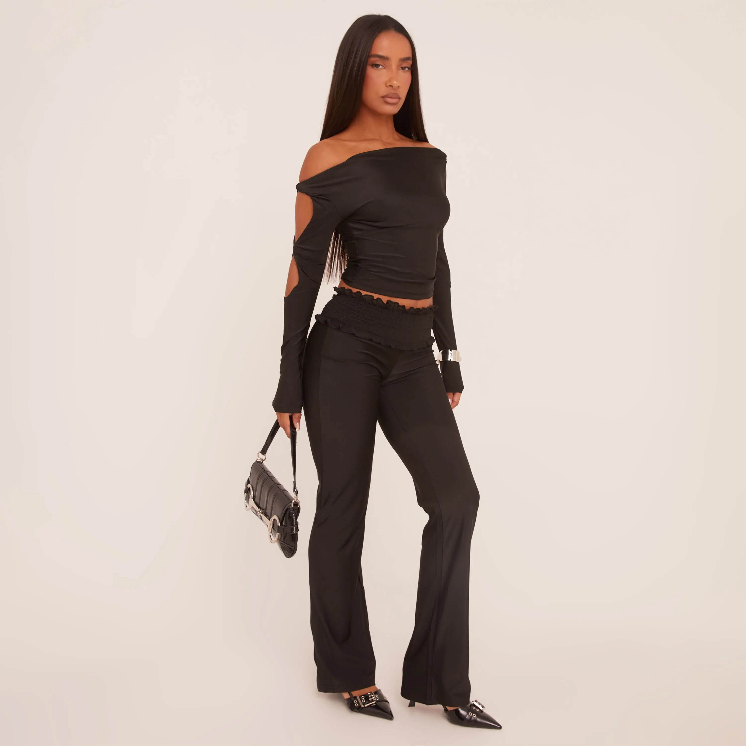 Bardot Twist Sleeve Detail Top And Shirred Waist Flared Trousers Co-Ord Set In Black Slinky