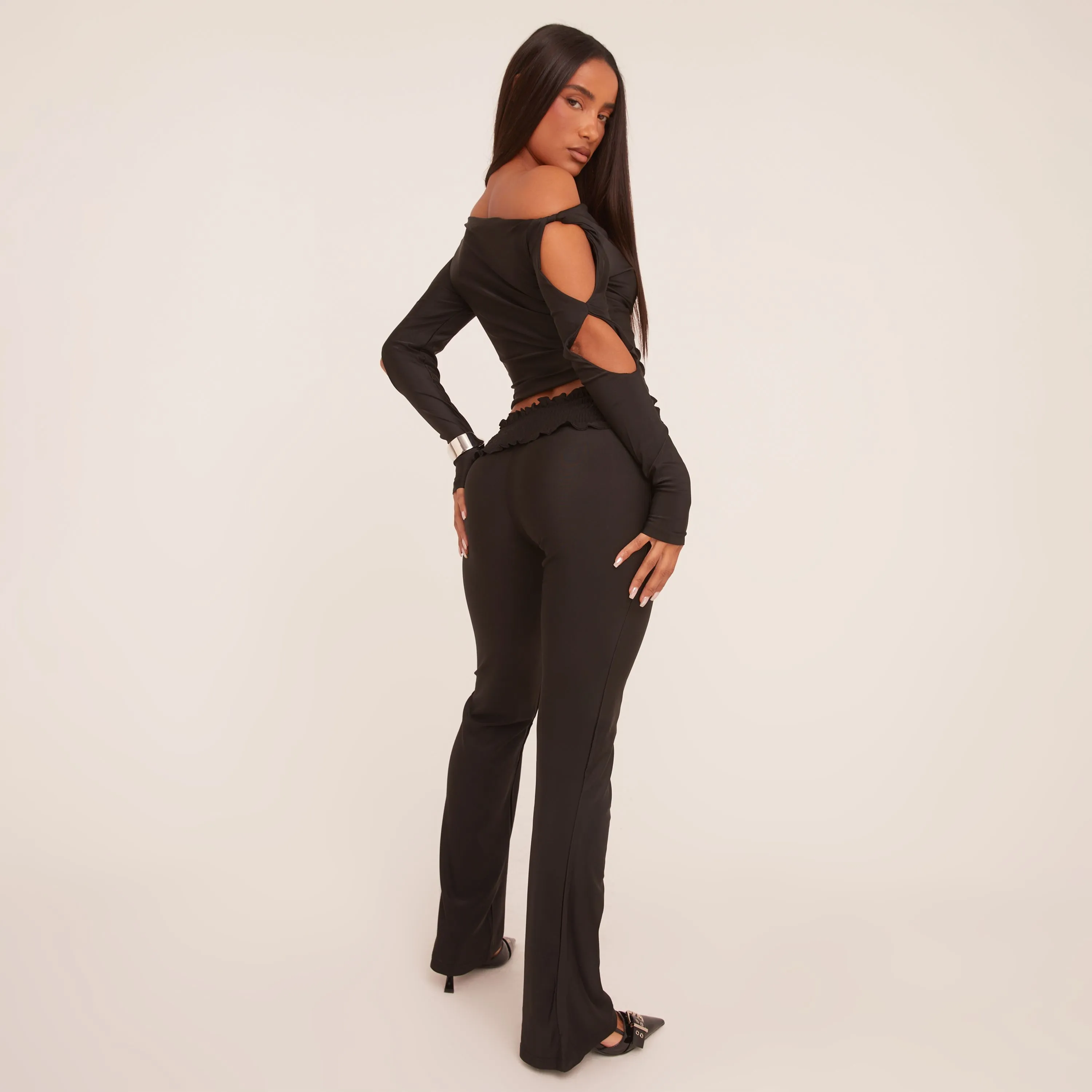 Bardot Twist Sleeve Detail Top And Shirred Waist Flared Trousers Co-Ord Set In Black Slinky