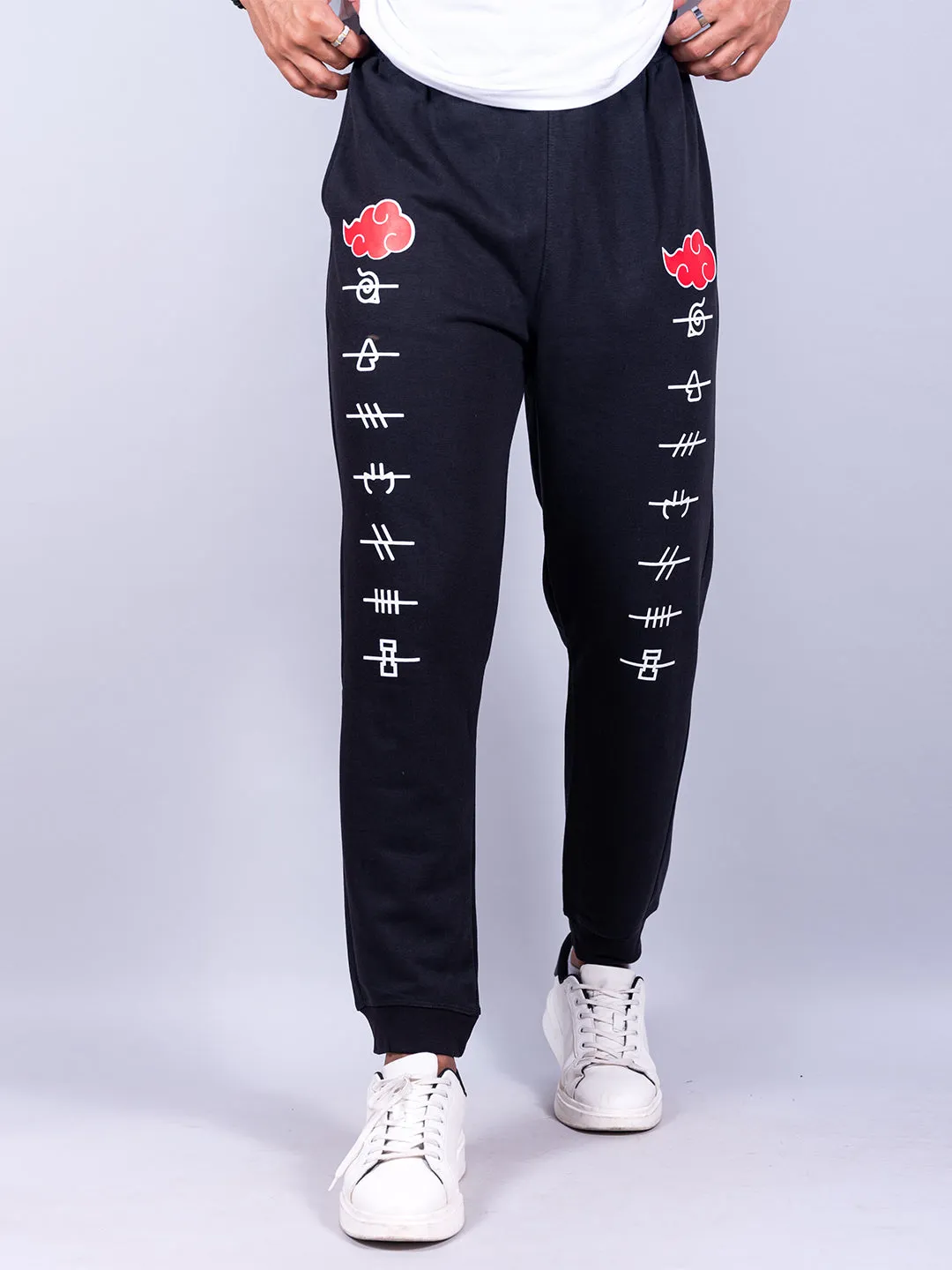 Black Anime Akatsuki Cloud Printed Cotton Joggers For Men