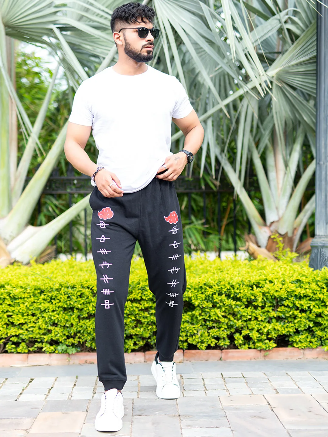 Black Anime Akatsuki Cloud Printed Cotton Joggers For Men