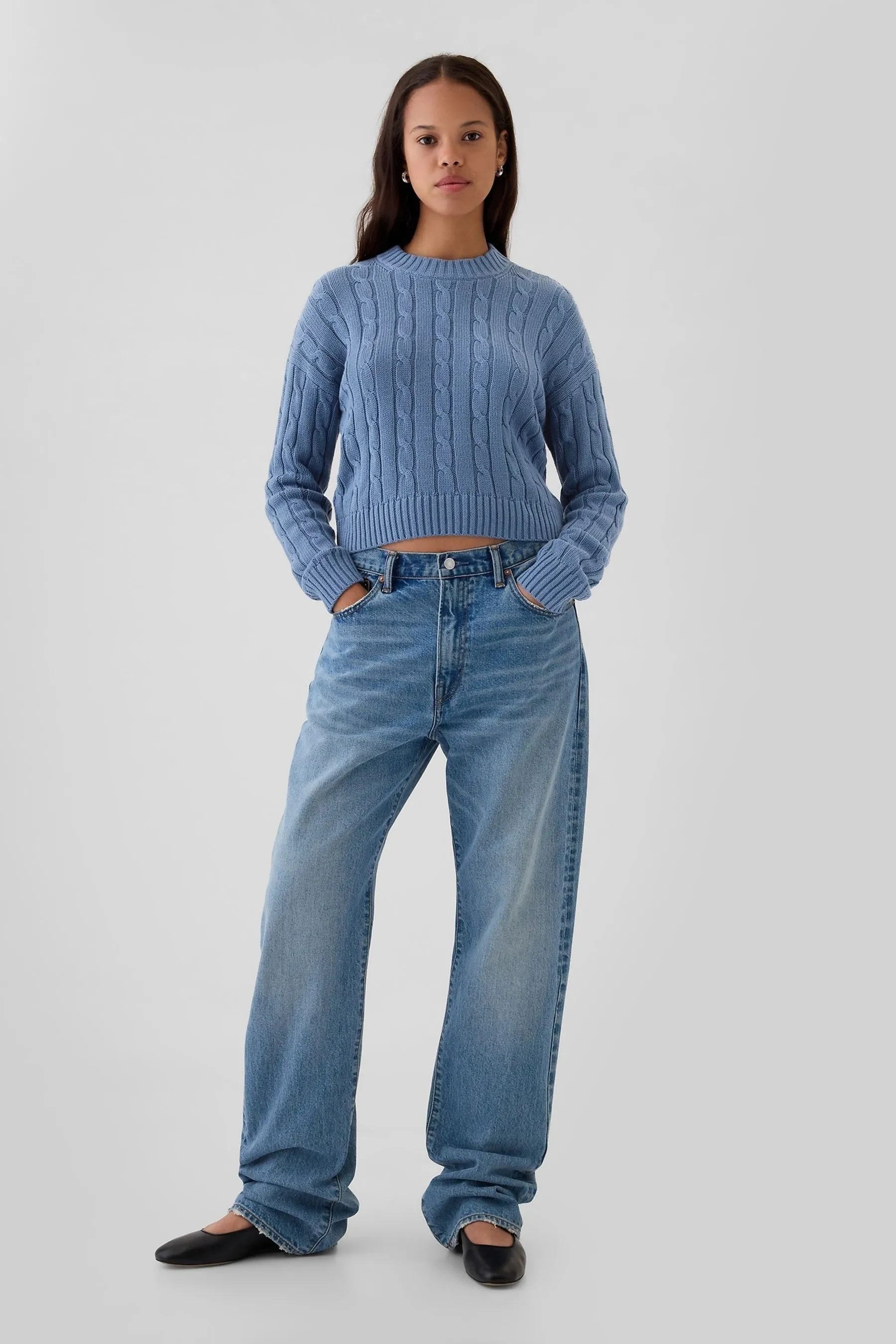 Blue Cable-Knit Cropped Jumper