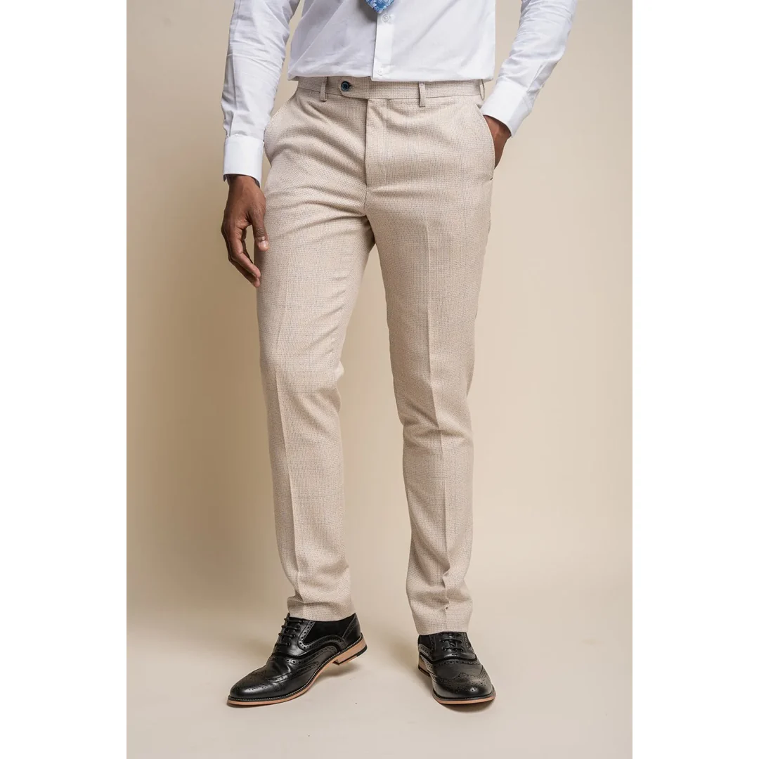 Caridi - Men's Tweed Beige Wedding Trousers