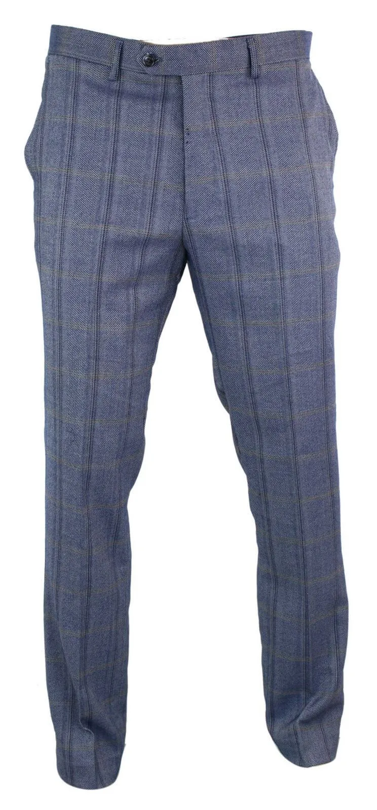 Cavani Connall - Mens Classic Tweed Check Vintage Trousers - Blue