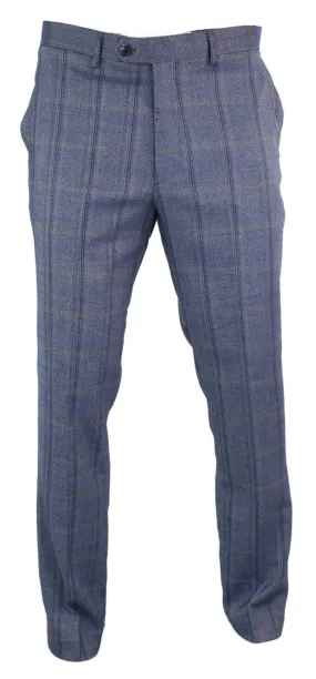 Cavani Connall - Mens Classic Tweed Check Vintage Trousers - Blue