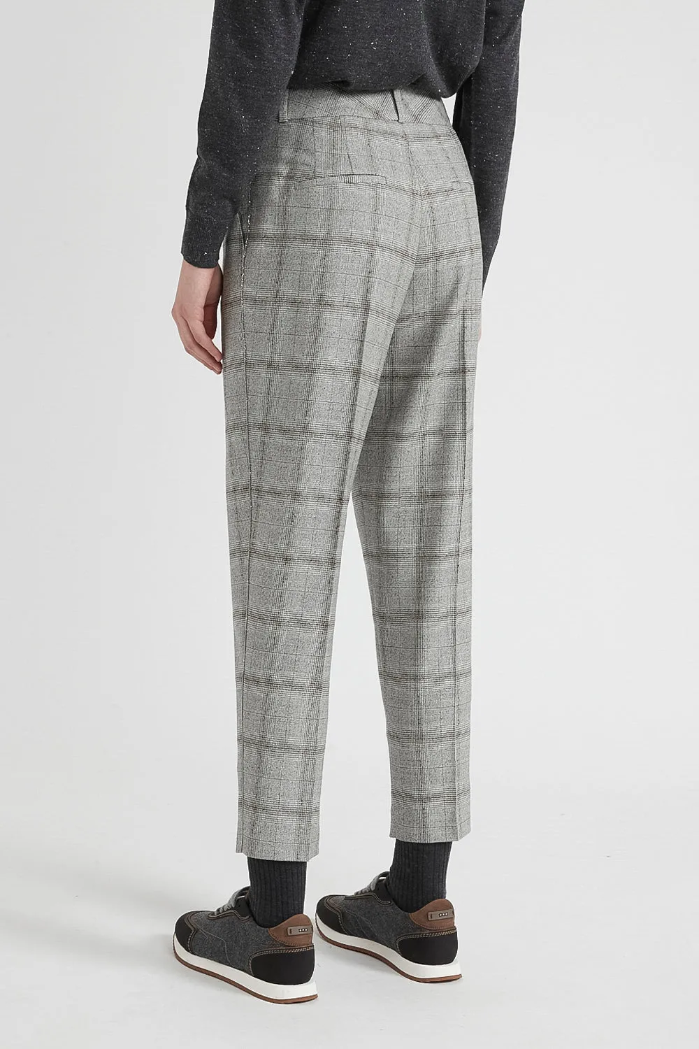 Check wool flannel carrot trousers