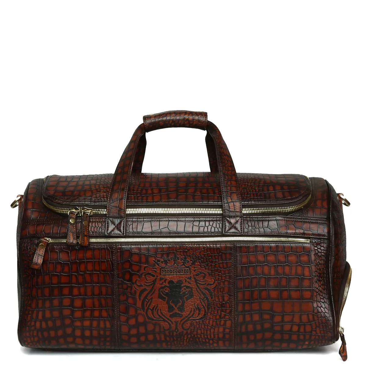 Cognac Deep Cut Croco Multi-Pockets Smokey Finish Leather Duffle Bag by Brune & Bareskin