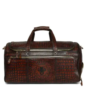 Cognac Deep Cut Croco Multi-Pockets Smokey Finish Leather Duffle Bag by Brune & Bareskin