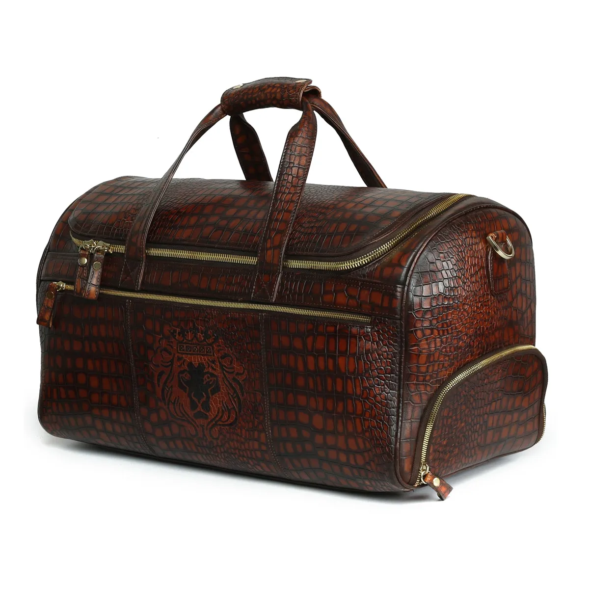 Cognac Deep Cut Croco Multi-Pockets Smokey Finish Leather Duffle Bag by Brune & Bareskin