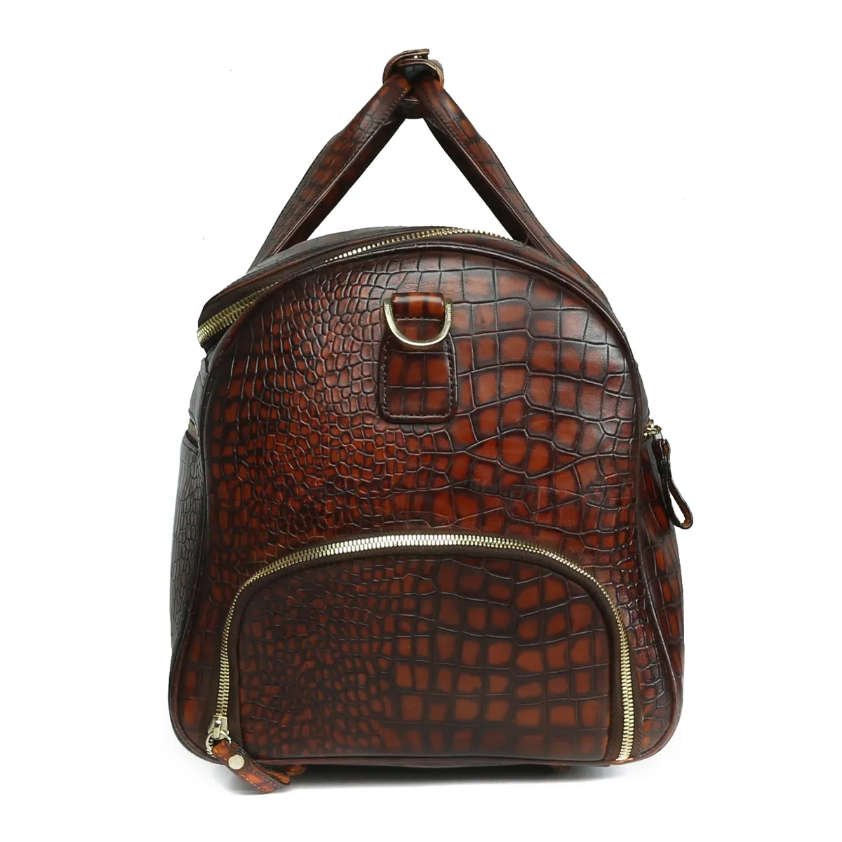 Cognac Deep Cut Croco Multi-Pockets Smokey Finish Leather Duffle Bag by Brune & Bareskin