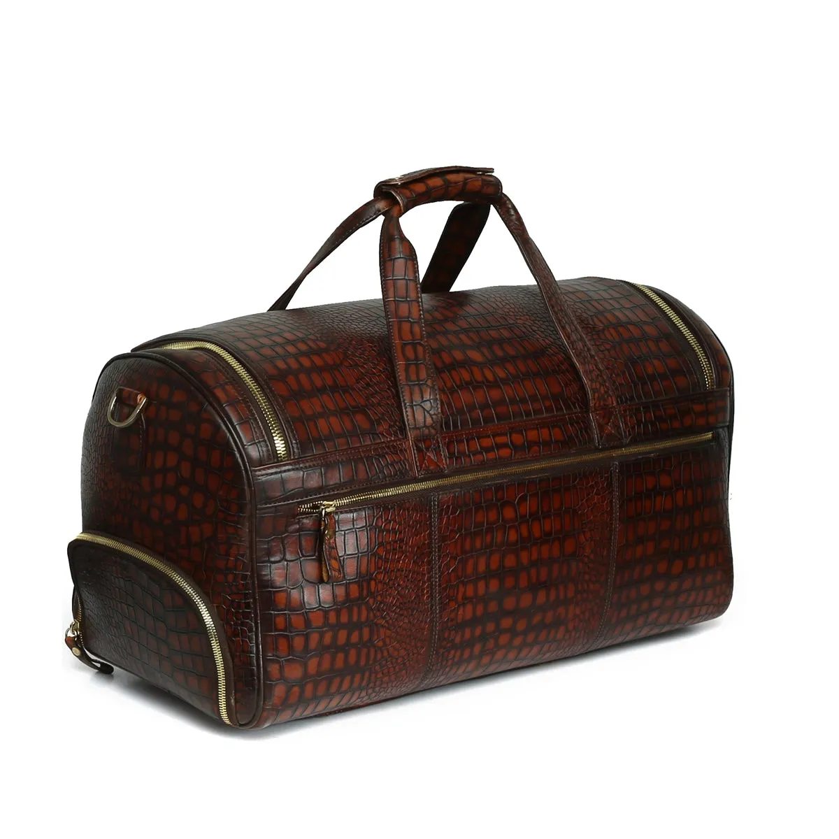 Cognac Deep Cut Croco Multi-Pockets Smokey Finish Leather Duffle Bag by Brune & Bareskin