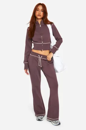 Contrast Stitch Shrunken Top And Flared Sweatpant Tracksuit