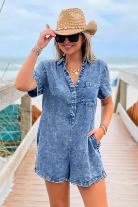 Count Me In Washed Denim Romper - Denim