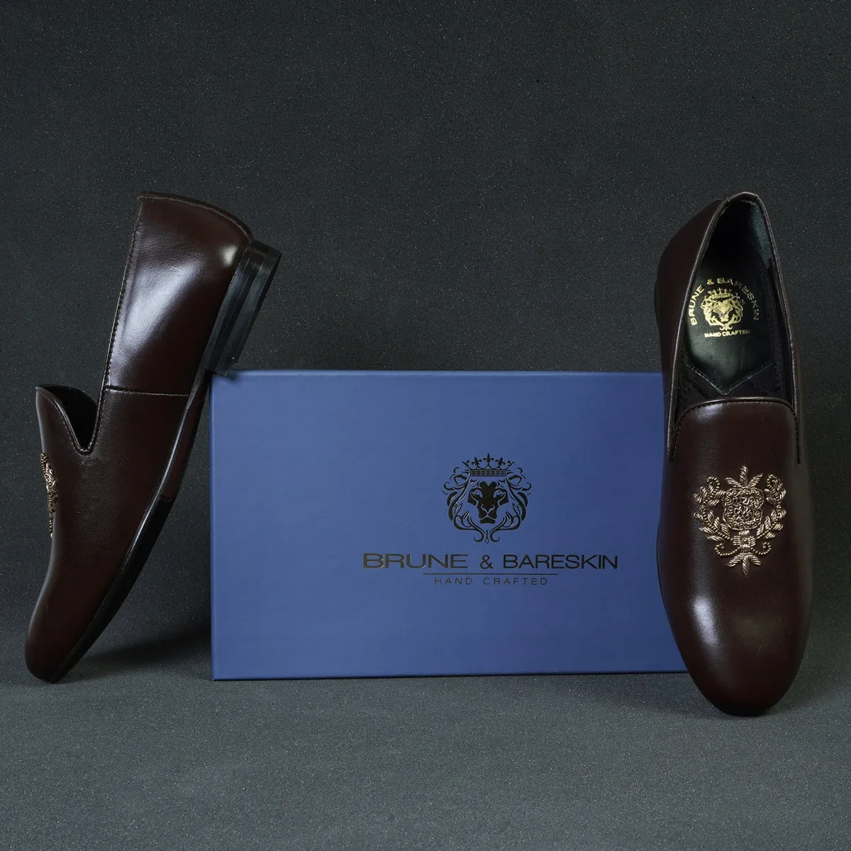 Crest Zardosi Ethnic Slip-On Shoes in Dark Brown Leather