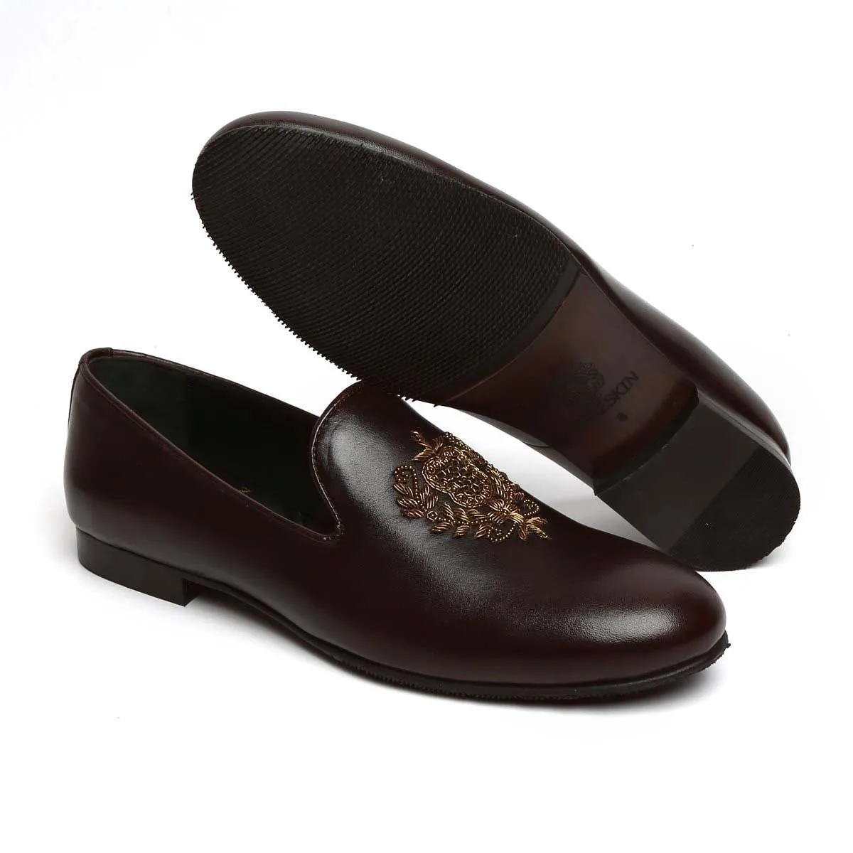 Crest Zardosi Ethnic Slip-On Shoes in Dark Brown Leather