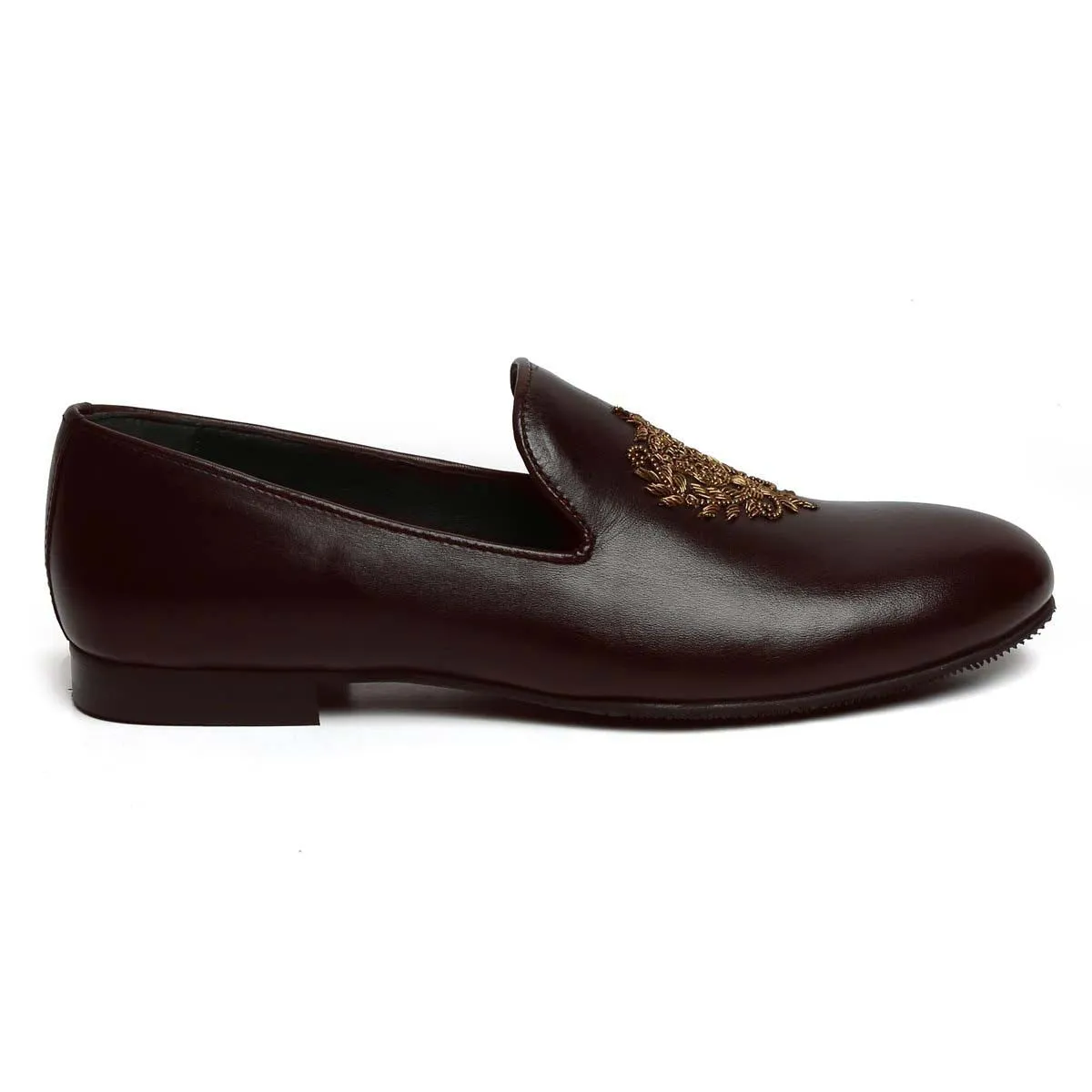 Crest Zardosi Ethnic Slip-On Shoes in Dark Brown Leather