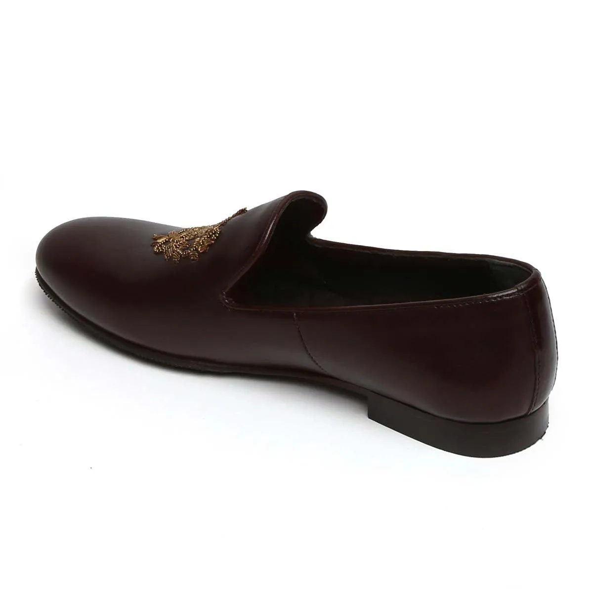 Crest Zardosi Ethnic Slip-On Shoes in Dark Brown Leather