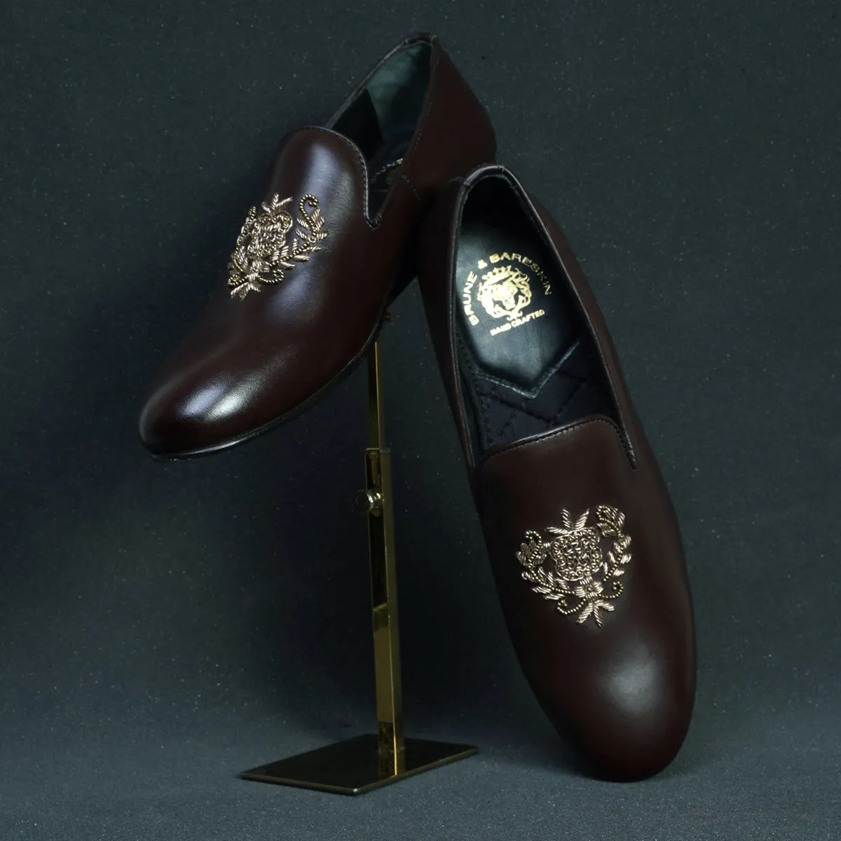 Crest Zardosi Ethnic Slip-On Shoes in Dark Brown Leather