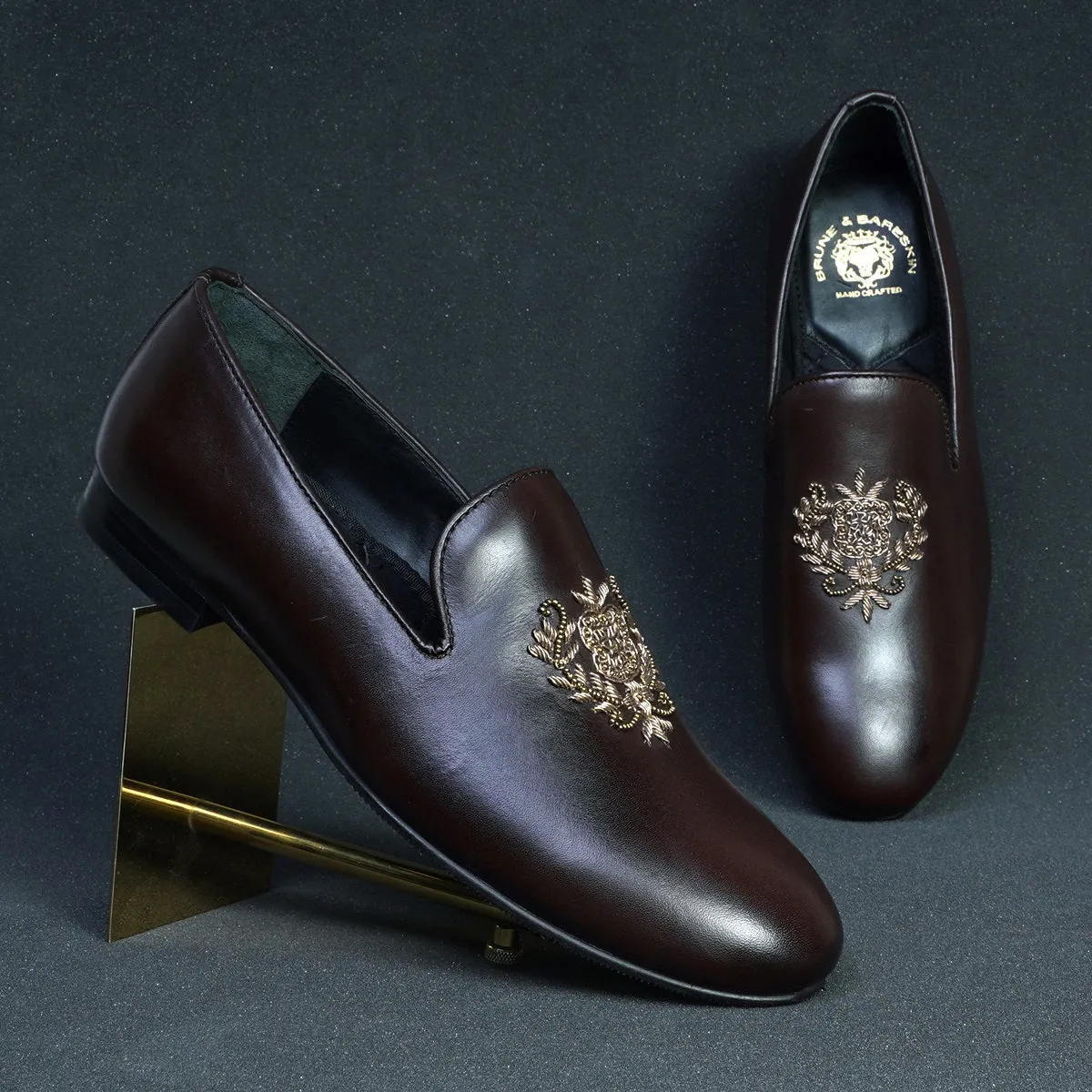 Crest Zardosi Ethnic Slip-On Shoes in Dark Brown Leather