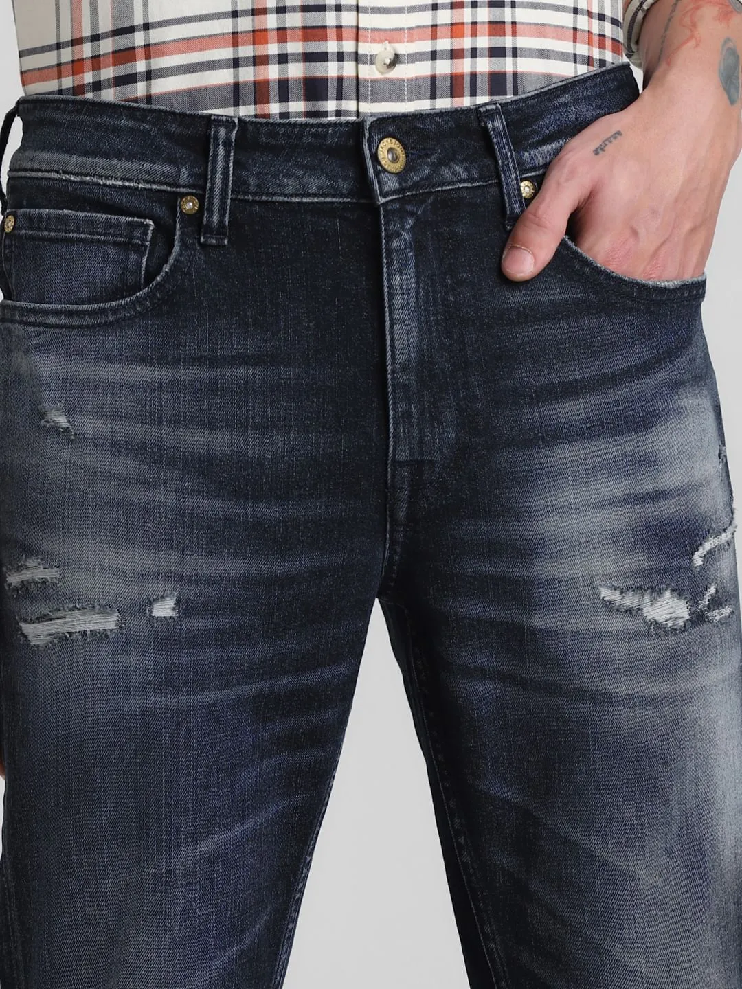 Dark Blue Mid Rise Distressed Regular Fit Jeans