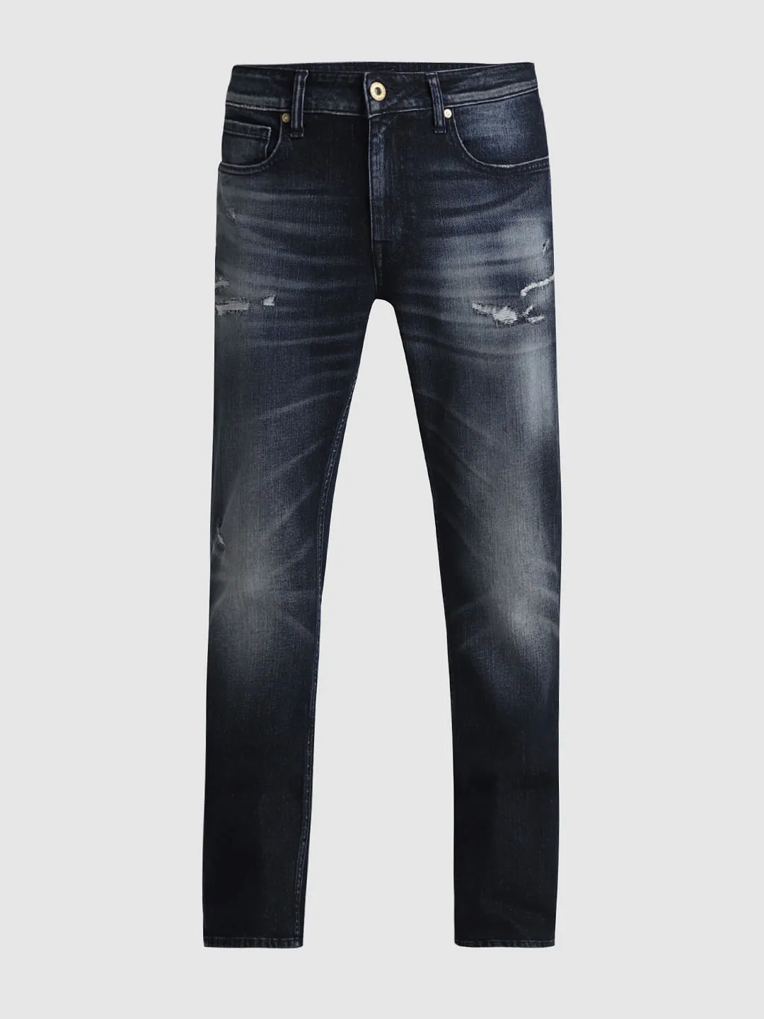 Dark Blue Mid Rise Distressed Regular Fit Jeans