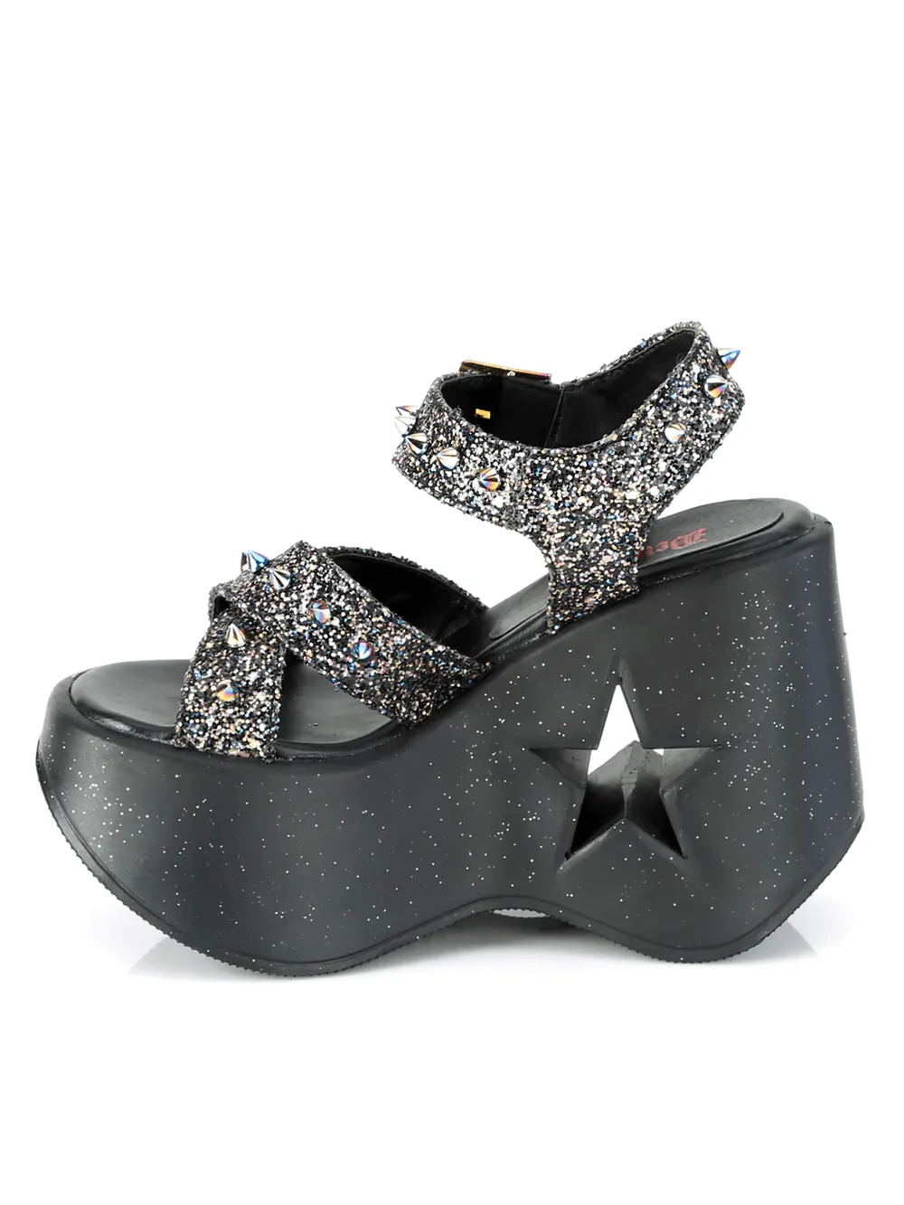 DEMONIA Star Cutout Glitter Wedge Sandals with Spikes