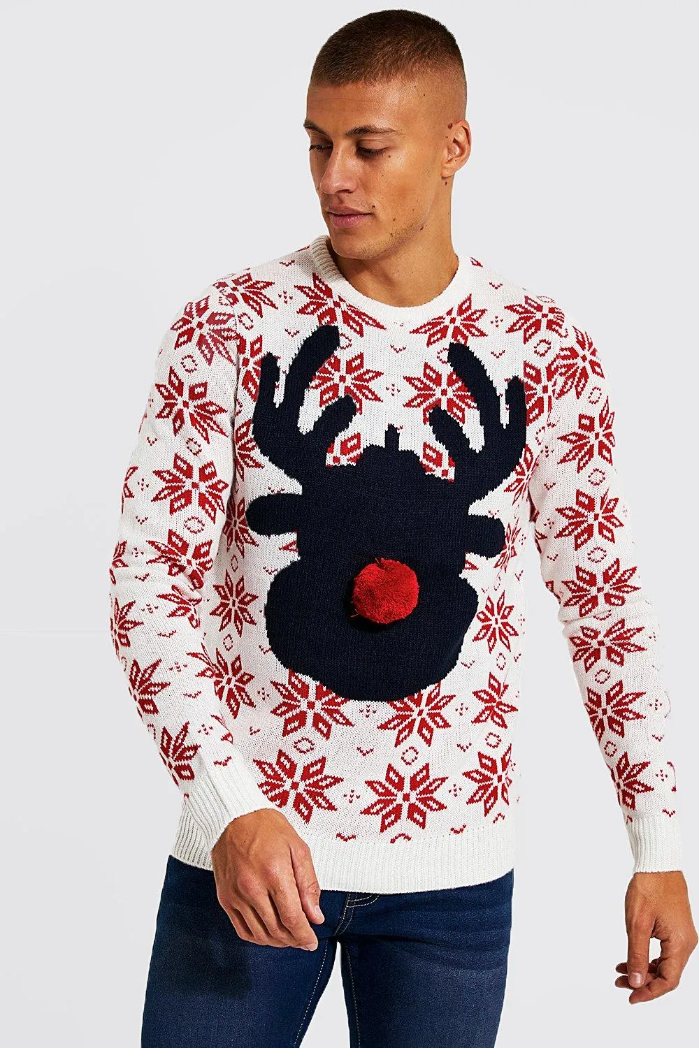 Fairisle 3d Reindeer Nose Christmas Jumper | boohooMAN UK