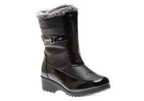 Front Zipper Faux Fur Trim Black Patent Vegan Leather Winter Boot