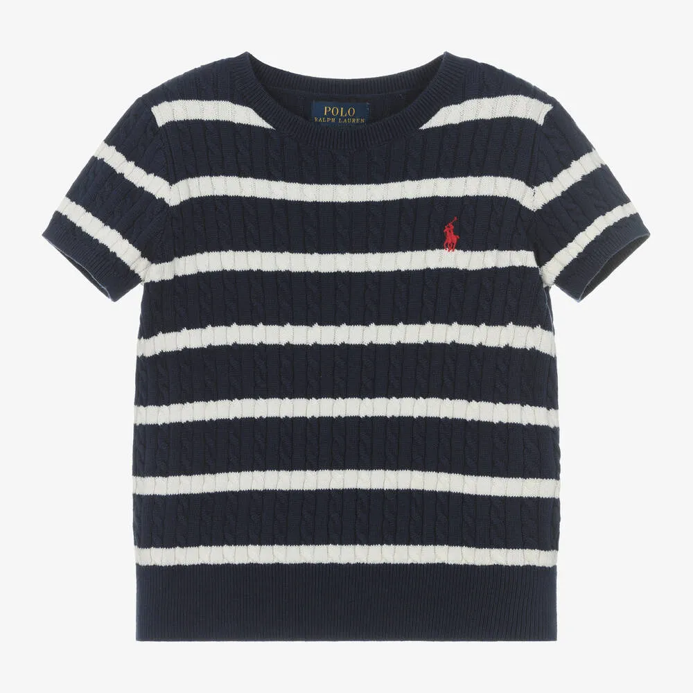 Girls Navy Blue Stripe Cotton Jumper