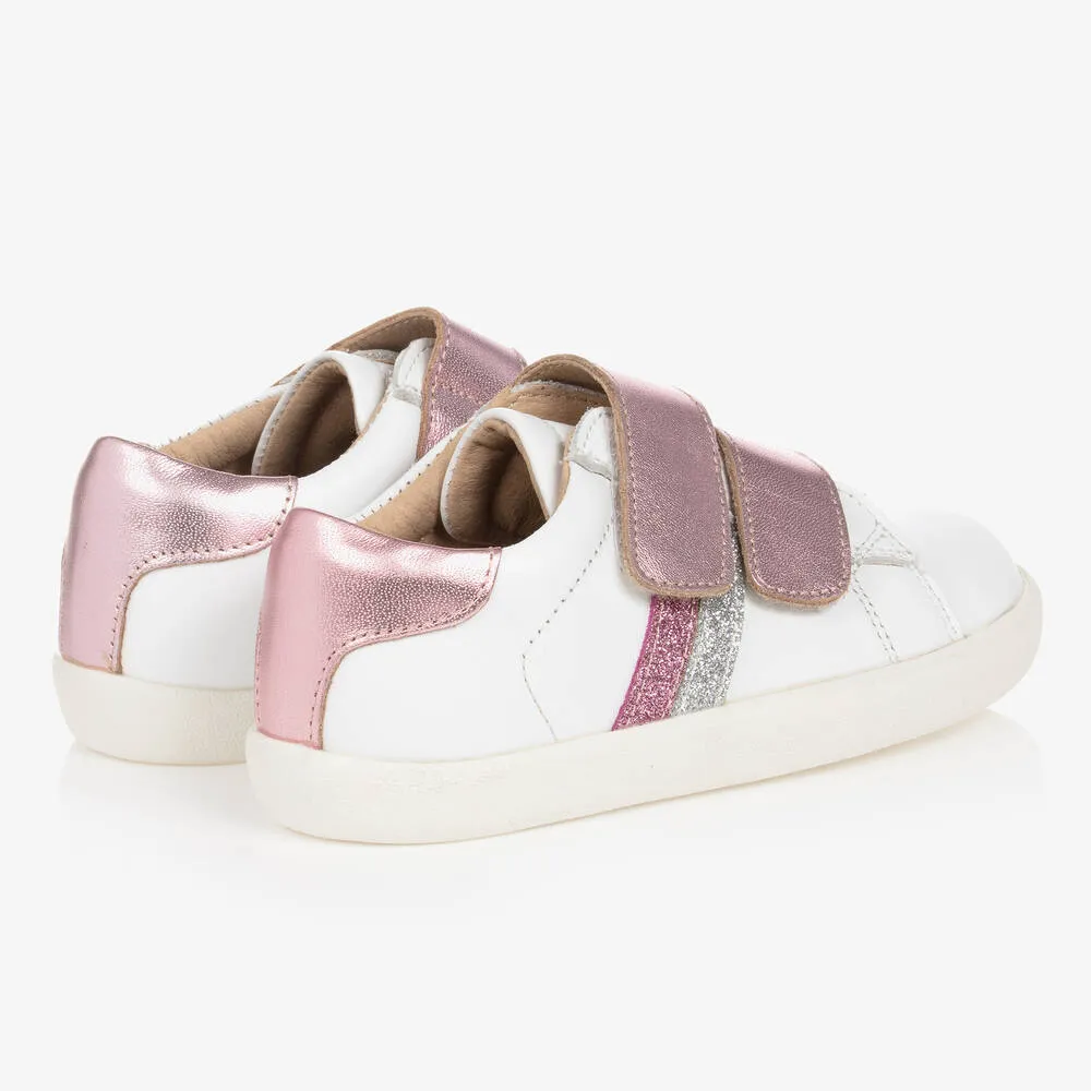 Girls White & Pink Leather Trainers