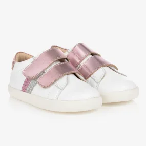 Girls White & Pink Leather Trainers