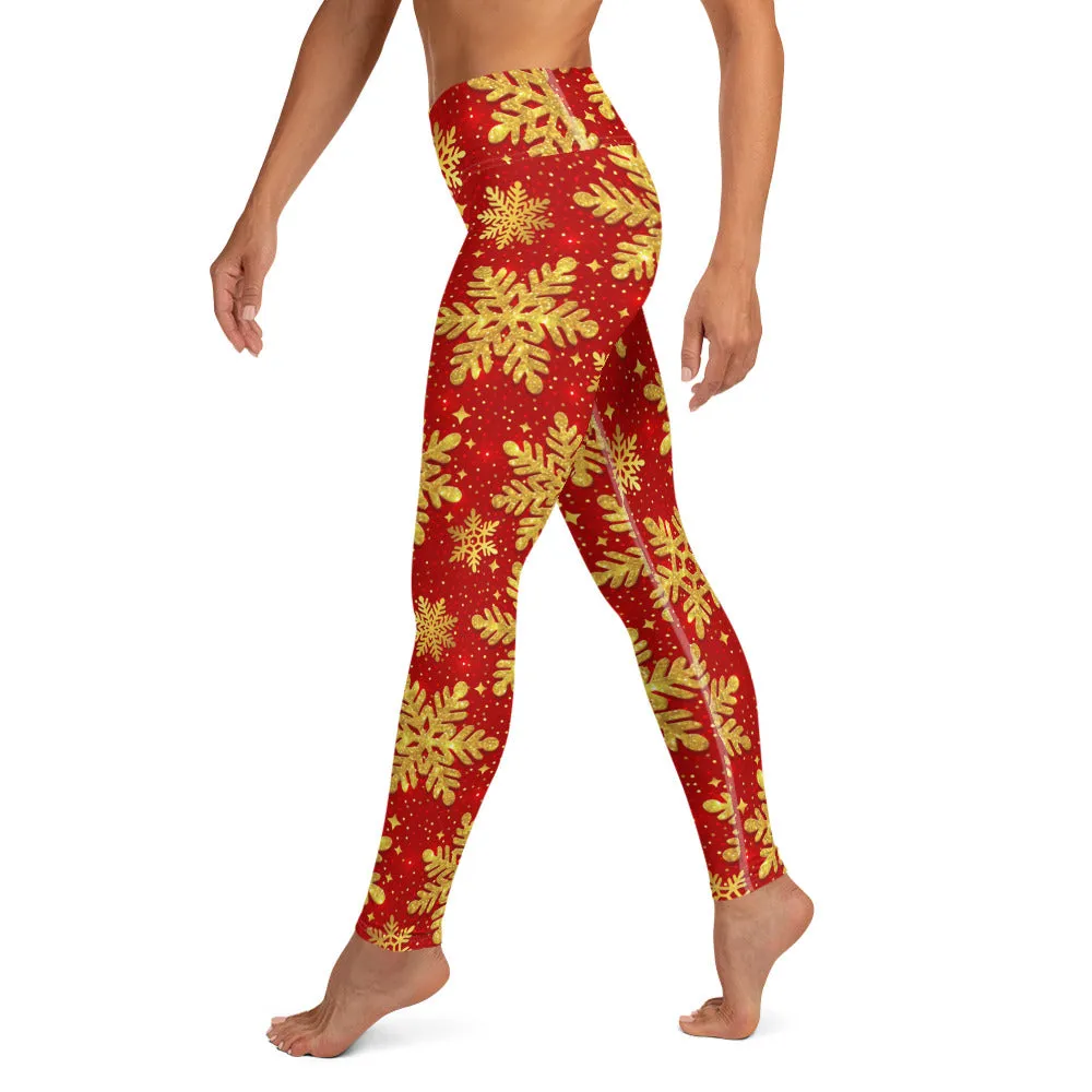 Gold Snowflake Print Yoga Leggings