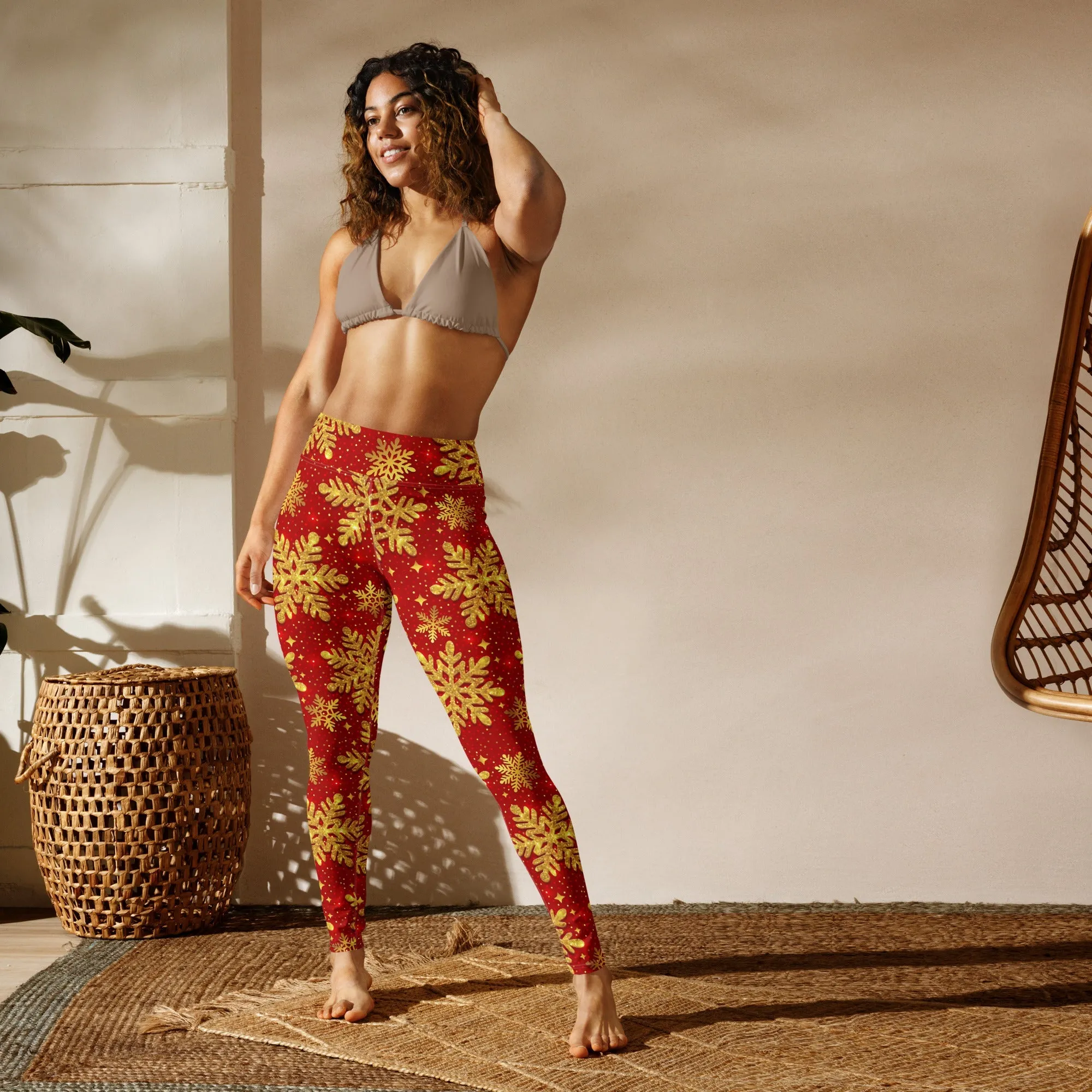 Gold Snowflake Print Yoga Leggings