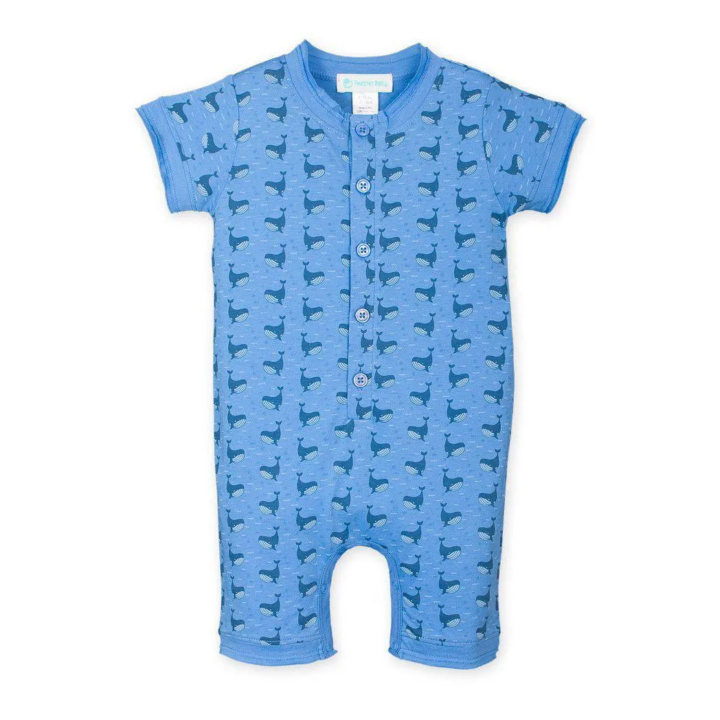 Henley Romper - Fin Whale on Blue  100% Pima Cotton