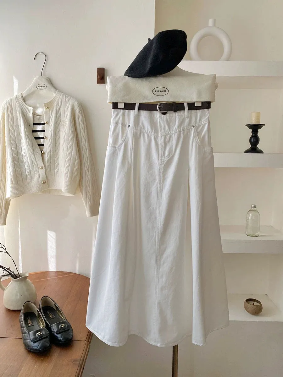 High-end retro high-waisted workwear washed cotton skirt with belt autumn high-waisted A-line hip-covering niche long skirt umbr