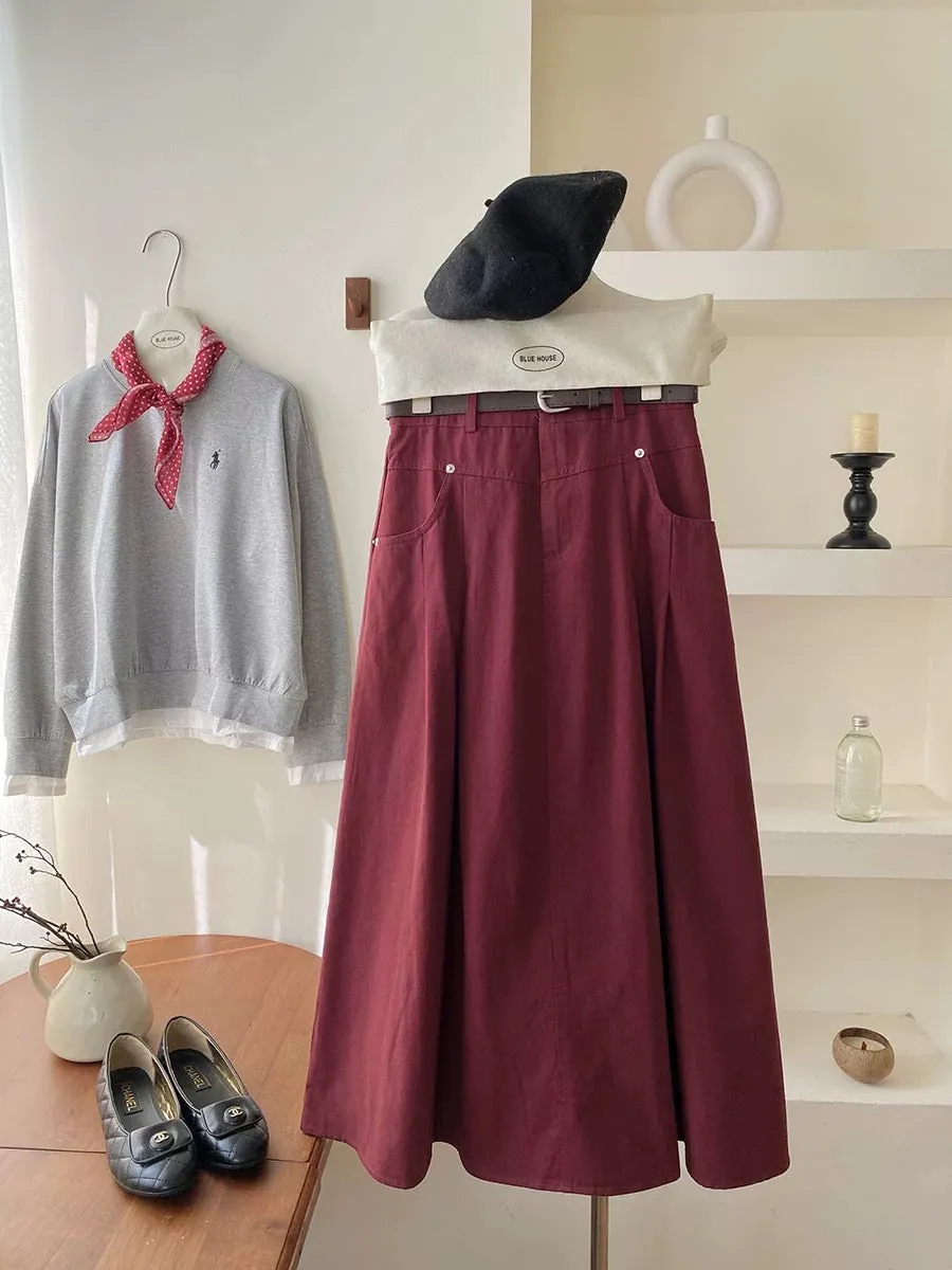 High-end retro high-waisted workwear washed cotton skirt with belt autumn high-waisted A-line hip-covering niche long skirt umbr