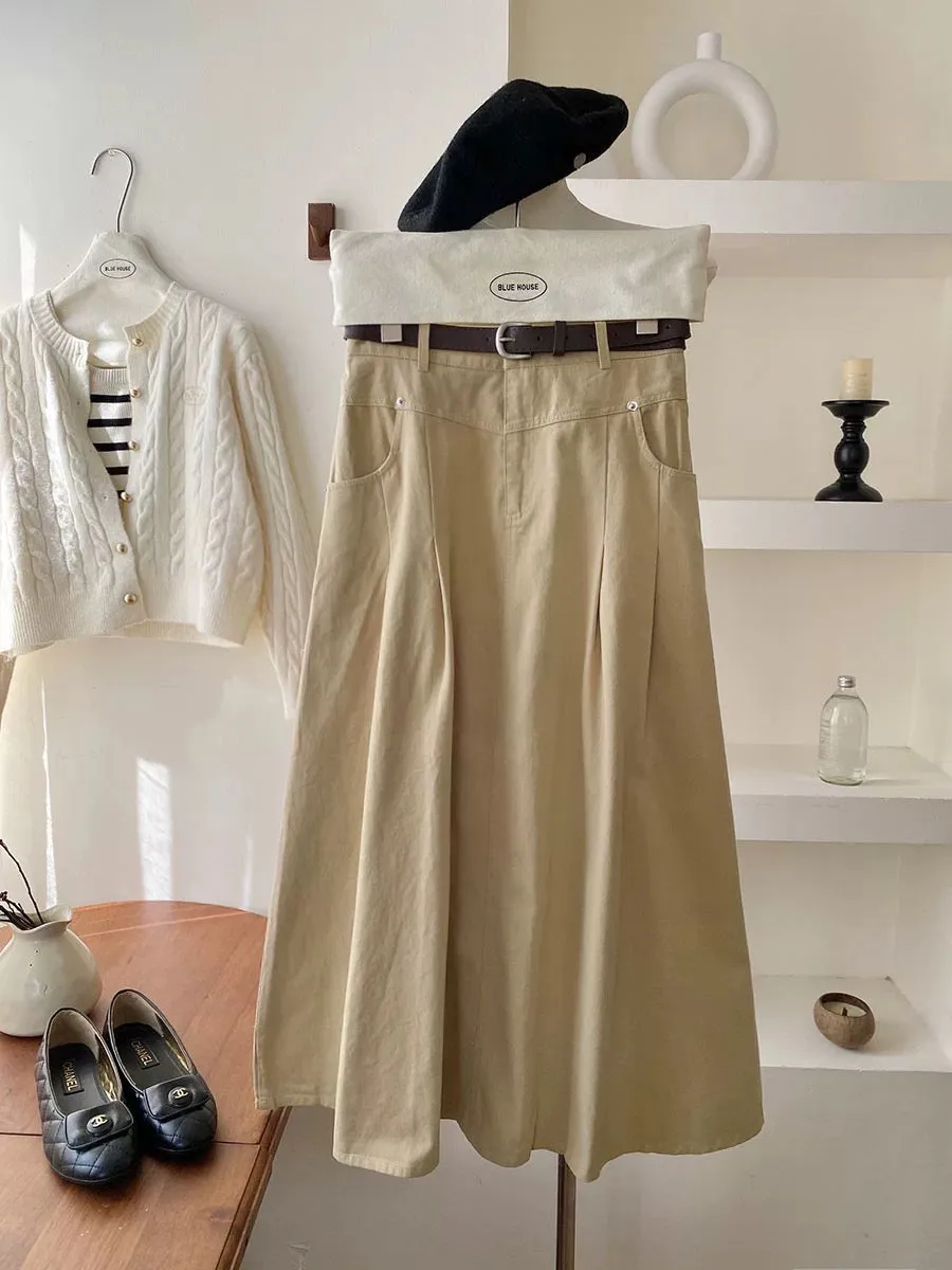 High-end retro high-waisted workwear washed cotton skirt with belt autumn high-waisted A-line hip-covering niche long skirt umbr