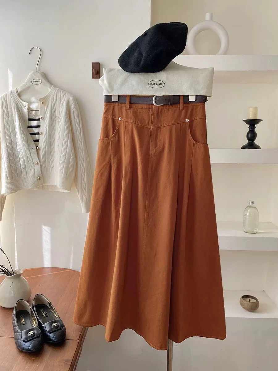 High-end retro high-waisted workwear washed cotton skirt with belt autumn high-waisted A-line hip-covering niche long skirt umbr